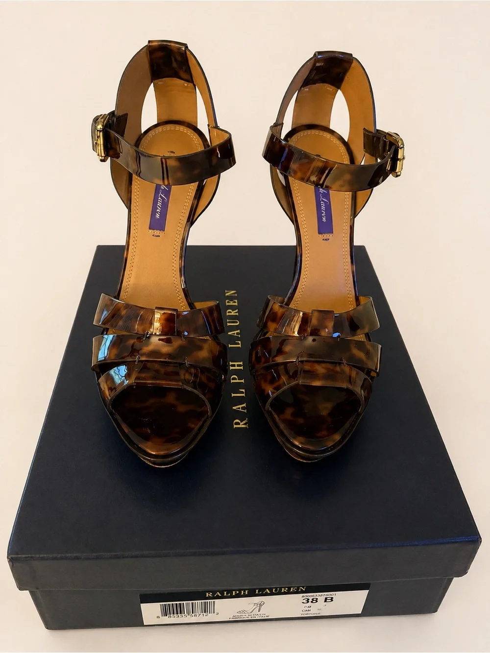 Ralph Lauren Purple Label Tortoiseshell Patent Ankle-Strap Heels